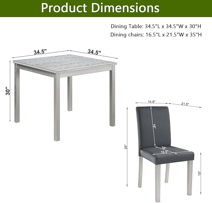 5 Piece Dining Table Set for 4, Square Wooden Kitchen Table with 4 Upholstered Chairs, Elegant Silver Grey Dining Room Set with Crystal Decoration