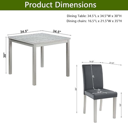 5 Piece Dining Table Set for 4, Square Wooden Kitchen Table with 4 Upholstered Chairs, Elegant Silver Grey Dining Room Set with Crystal Decoration