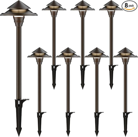 GOODSMANN Low Voltage Landscape Lighting 8PK LED Path Lights Oil Rubbed Bronze 4W 32 Lumen Hardwired 2 Tier Pagoda Landscape Pathway Lights 3000K Warm White Metal Stakes Cable Connectors