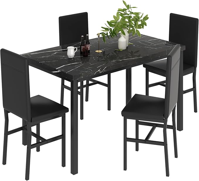 tantohom Dining Table Set for 4, 5-Piece Faux Marble Dining Set,4 Upholstered PU Chairs, Modern Kitchen Table Furniture for Dining Room, Dinette, Compact Space-Saving Faux Marble Tabletop, Black