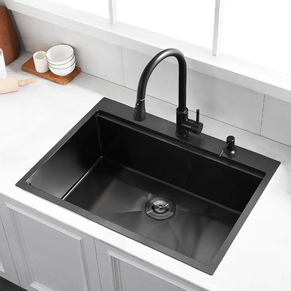 30 Drop in Black Stainless Steel Kitchen Sink, Luckyhorse 30x22 Inches 16 Gauge Nano Black Stainless Steel Single Bowl Topmount Workstation Kitchen Sink LH006SB