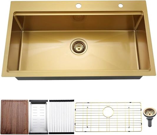 Gold Kitchen Sink Drop In, 33x19 Drop In Kitchen Sink Brushed Gold Stainless Steel Ledge Workstation Single Bowl 16 Gauge Handmade Deep Basin