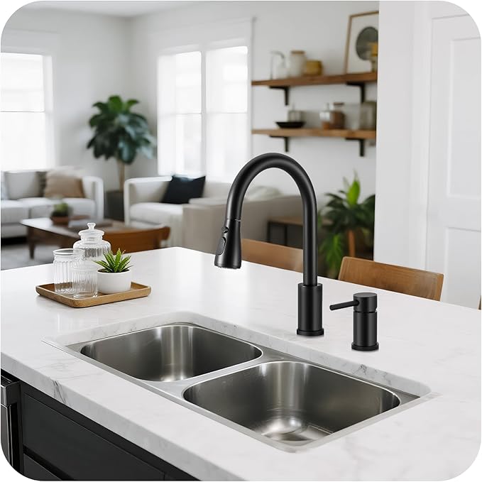 Pull Down Kitchen Faucet 2 Hole - Matte Black Single Handle Kitchen Faucets, High Arc Stainless Steel Pull Out Kitchen Sink Faucet for RV Laundry Farmhouse Bar
