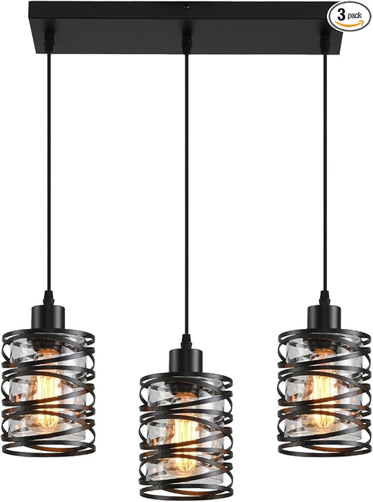 3 Light Pendant Lights Kitchen Island Black Pendant Light Fixtures Spiral Iron Kitchen Island Lighting with Clear Glass Shade Adjustable Hanging Light Fixtures