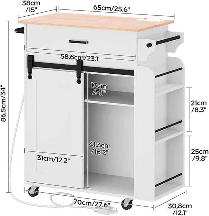 YATINEY Kitchen Island with Storage, Mobile Kitchen Cart with Charging Station, Kitchen Island on Wheels, Rolling Island Table with Sliding Cabinet Door, White and Natural ZD01UWN