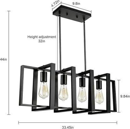 4-Light Island Lights for Kitchen, Rectangular Black Metal Kitchen Island Chandelier 31.5" Adjustable Rustic Modern Dining Room Light Fixtures Over Table, Chandeliers for Dining Room