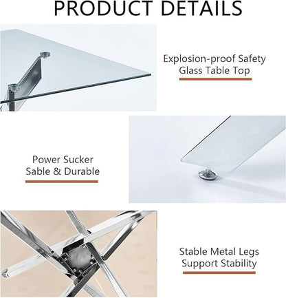 36" Square Dining Table for 2 3 4 People, Modern Dining Table with Silver Chrome Metal X-Shaped Legs, Small Glass Kitchen Tables Family Dinner Tables for Home Office Living Room