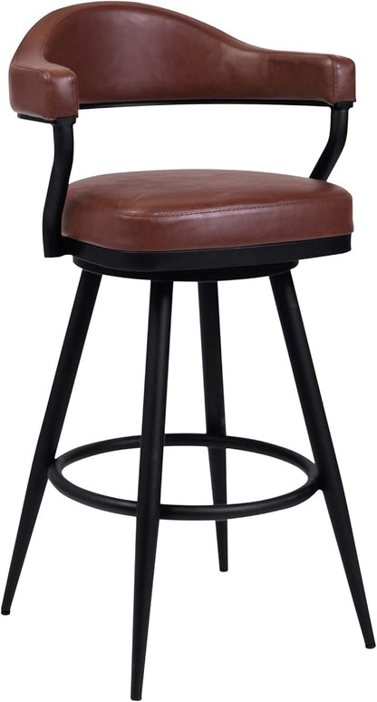 Armen Living Justin Modern Farmhouse 26" Seat Height Swivel Vintage Coffee Faux Leather Bar Stool with Black Metal Legs for Kitchen Island Counter