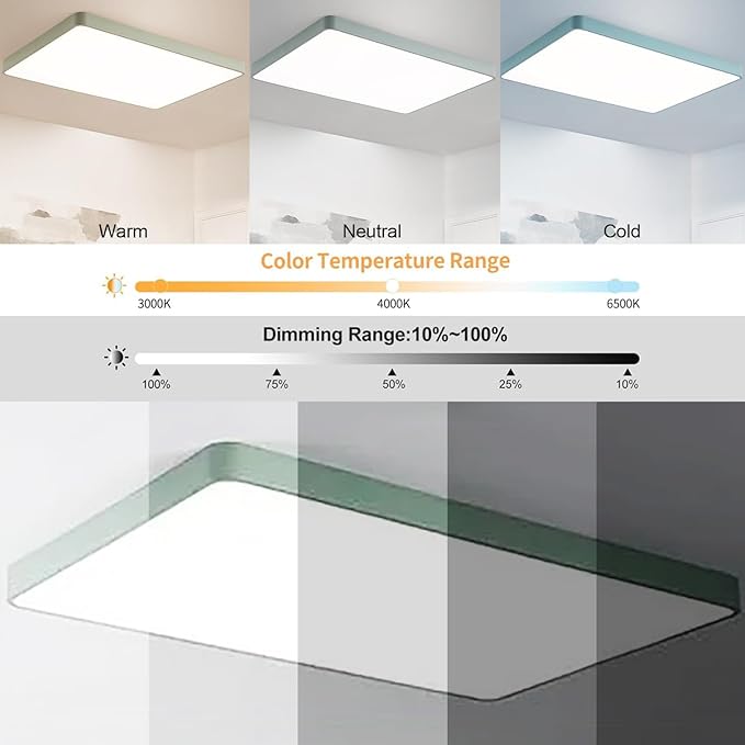 LED Ceiling Light Fixture,16 * 24 Inch Modern Rectangle Recessed Ceiling Lights,Dimmable Light,48W Green 3000K-6000K Close to Ceiling Lighting Flush Mount Living Room Bedroom
