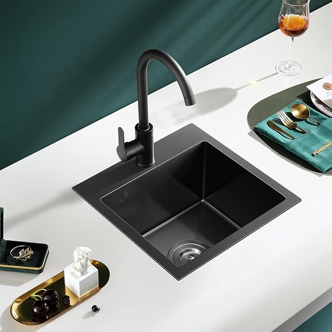 15 x 17 Inch Kitchen Bar Sink Drop In,304 Stainless Steel Handmade Single Bowl Topmount Kitchen Sink, Black