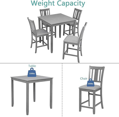 5-Piece Counter Height Solid Wood Dining Table Set for 4, Square Kitchen Table with 4 Upholstered Slatted-Back Chairs, Modern Gray Dining Set for Kitchen and Dining Room