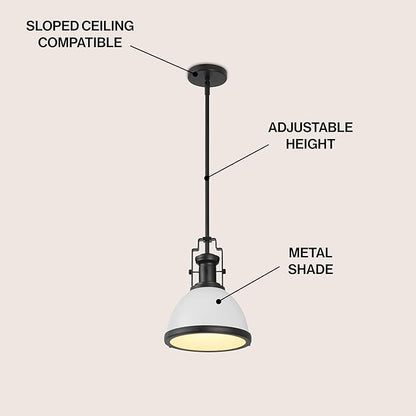 JONATHAN Y 10" Matte Black/White Modern Industrial Iron LED Dome Pendant Light, Adjustable Hanging Fixture for Kitchen Island or Entryway, Black Metal Shade, LED Bulb Included (JYL9535E)