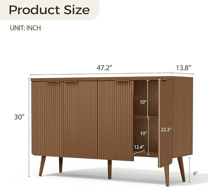 Walnut 47.2" Modern Fluted Wood Sideboard – 4-Door Buffet Cabinet with Adjustable Shelves, Multi-Space Storage Credenza for Living Room, Dining Room & Entryway