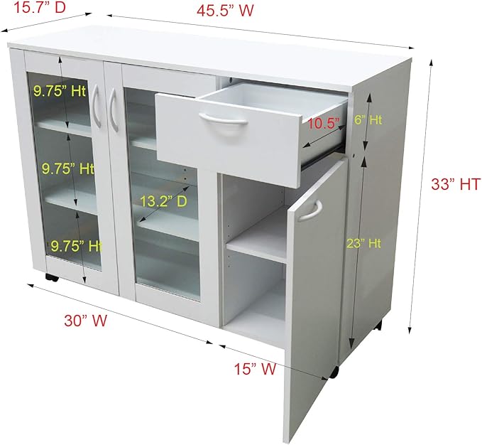 Kings Brand Furniture Buffet Server Sideboard Kitchen Storage Cabinet with Adjustable Shelves & Drawer, White Wood & Glass, 45.5" W x 15" D x 33" H