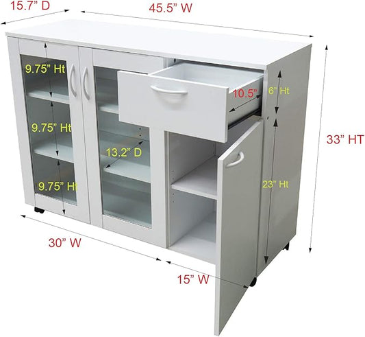 Kings Brand Furniture Buffet Server Sideboard Kitchen Storage Cabinet with Adjustable Shelves & Drawer, White Wood & Glass, 45.5" W x 15" D x 33" H