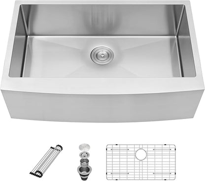 Sarlai 36 Stainless Steel Farmhouse Sink- 36x21 Inch Farmer Sink Apron Front Kitchen Sinks 16 Gauge Single Bowl Farm Sinks Basin Round Corner