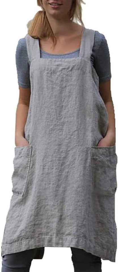 Cotton Linen Apron Cross Back Apron for Women with Pockets Pinafore Dress for Baking Cooking