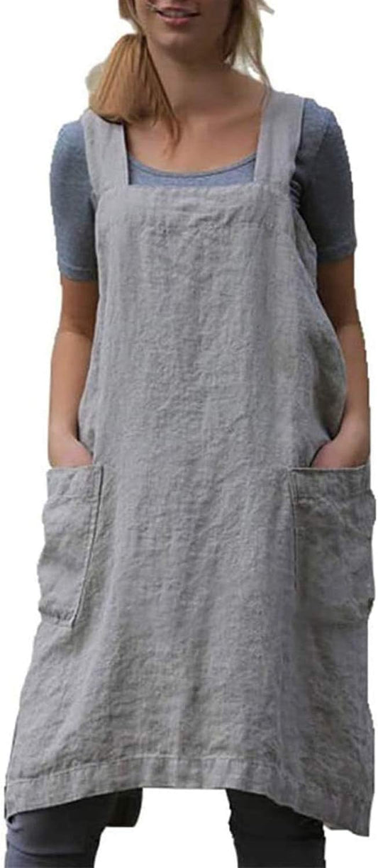 Cotton Linen Apron Cross Back Apron for Women with Pockets Pinafore Dress for Baking Cooking
