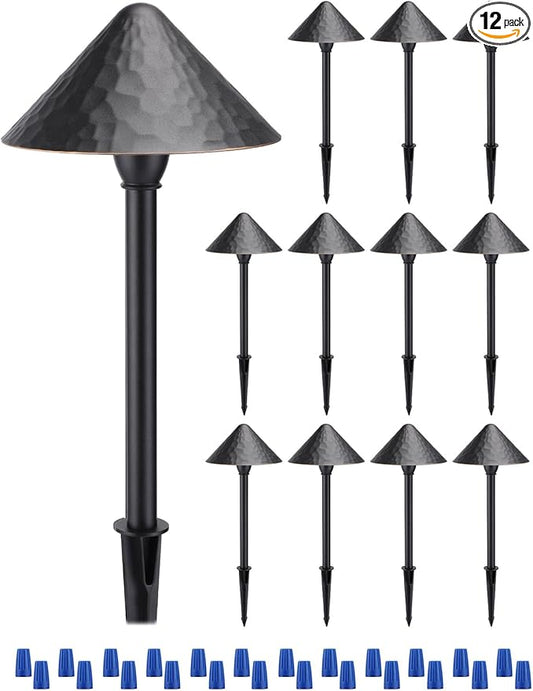 LEONLITE 12-Pack LED Low Voltage Landscape Path Light, 3W 12-24V AC/DC, Pathway Lighting Wired, Outdoor Light for Yard Lawn, ETL CRI90+ Unique Vintage Golden Edge, Black Aluminum, 3000K Warm White