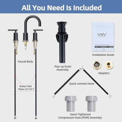 VXV Matte Black Bathroom Faucet 3 Hole Widespread with Easy Installation, 2-Handle 8 Inch Bathroom Sink Faucet 360° Swivel Spout, Pre-Attached Hoses & Drain Included, Vanity Faucet for Bath Sink