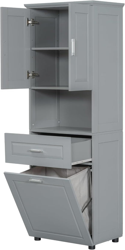 Merax 70" Tall Storage Cabinet with Laundry Hamper, 1 Drawer and Adjustable Shelf, Freestanding for Bathroom, Grey