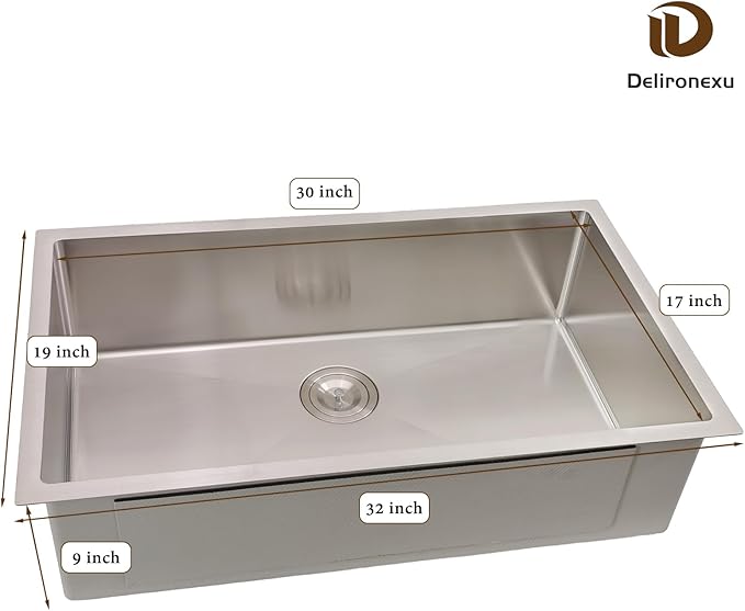32x19 Undermount Kitchen Sink, Delironexu 32 Inch Undermount Sink, 16 Gauge 304 Stainless Steel Single Bowl Kitchen Sink with Accessories