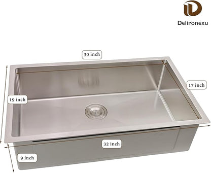 32x19 Undermount Kitchen Sink, Delironexu 32 Inch Undermount Sink, 16 Gauge 304 Stainless Steel Single Bowl Kitchen Sink with Accessories