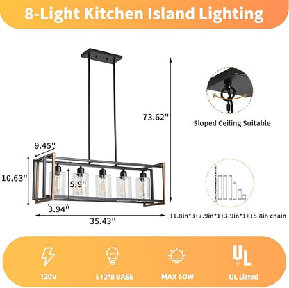 Dining Room Light Fixture, 5-Light Black Chandeliers for Dining Room, Farmhouse Kitchen Island Lighting, Pendant Lights Kitchen Island, Dining Room Chandelier Over Table, with Glass Shade, E26 Socket