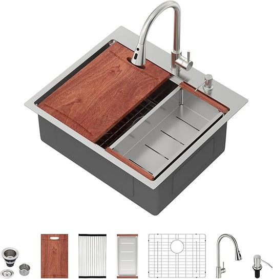 25 Drop In Kitchen Sink - Beslend 25x22 Kitchen Sink Drop In Workstation with Faucet, Stainless Steel Sinks and Soap Dispenser Topmount 16 Gauge Single Bowl Above Counter Dish Basin 9" Deep