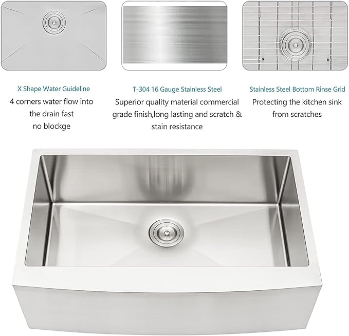 Lordear 30 Inch Farmhouse Kitchen Sink 16 Gauge 30"x21"x10" Stainless Steel Single Bowl Apron Front Undermount Farm Sink