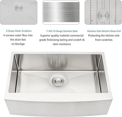 Lordear 30 Inch Farmhouse Kitchen Sink 16 Gauge 30"x21"x10" Stainless Steel Single Bowl Apron Front Undermount Farm Sink