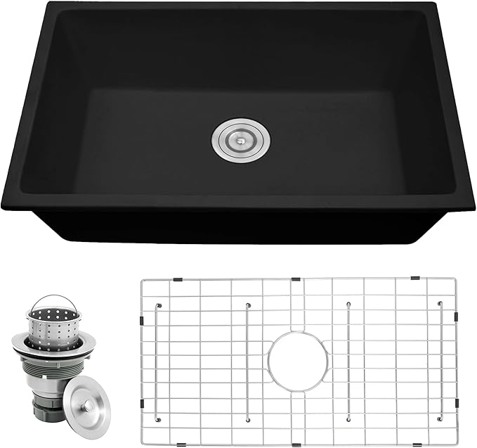 Rhbamoa 30 inch Black Granite Composite Kitchen Sink,Matte Black Undermount Kitchen Sink 30''x18'',9 inch Deep Single Bowl Composite Sinks,Large Quartz Sinks with Accessories