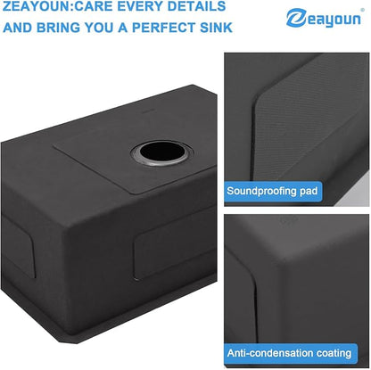33 Inch Black Undermount Kitchen Sink-33x19 Gunmetal Black Undemrount Sink 18 Gague Stainless Steel Single Bowl Handmade Sinks Large Deep Under Counter Basin 33"x19"x9"
