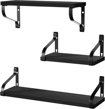 Love-KANKEI Floating Shelves Wall Mounted Rustic Wood Wall Shelves Set of 3 for Bedroom Living Room Bathroom Kitchen Black