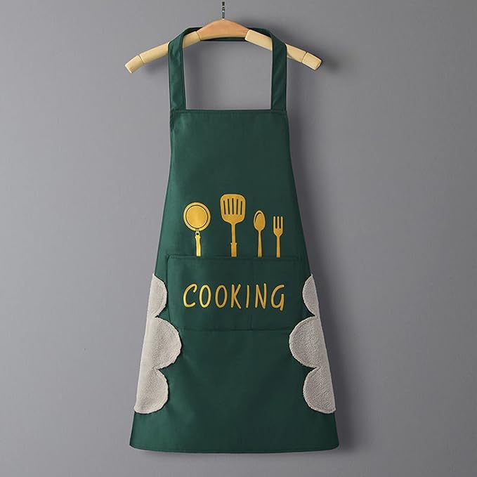 DILLMAN Women Kitchen Apron with Hand Wipe Pockets，Big Pocket,Hand-wiping, Waterproof for Cooking Baking