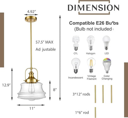 DEYNITE Modern Schoolhouse Pendant Light Fixtures Brass Hanging Kitchen Light with Clear Shade, E26 Light for Dining Room, Bedroom, Bathroom