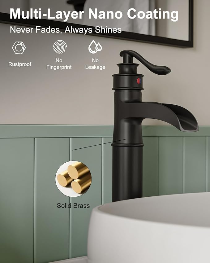 BWE Vessel Sink Faucet Waterfall Matte Black with Pop Up Drain Without Overflow and Supply Lines, Black Sink Faucet Bathroom One Handle Faucets Vanity Bath Mixer Tap