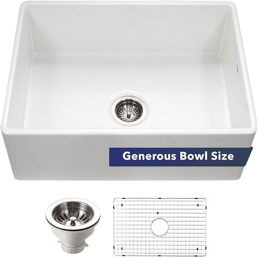 Houzer Kitchen Sink Upgrade Bundle - Platus Fireclay Series 30" Farmhouse Apron Front Sink with Sink Basket Strainer and Stainless Steel Sink Bottom Grid - PTS-4100 WH-C