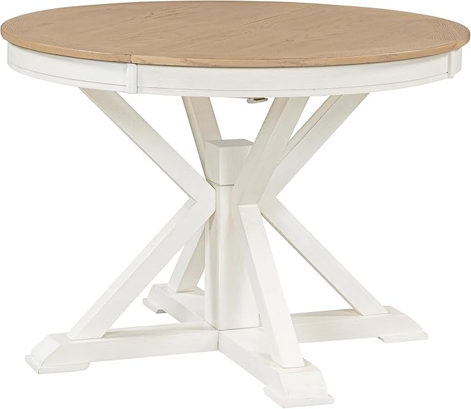 Ball & Cast Farmhouse Extendable Dining Table for 4-6, 42"-54" Extendable Kitchen-Table with a 12" Leaf, Round Ellipse Retro Wood Dining Room-Table w/Removable Leaves,Space Saving, Oak+Off White