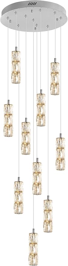 ykolupty Long Staircase Crystal Pendant Chandeliers 10-Lights Silver Column Crystal Chandeliers Foyer Entrance High Ceiling Hanging Chandelier 2700-6000k Dimmable Fixtures LED Big Chandeliers