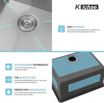 Kichae 23 Laundry Sink Undermount - 23x18 Inch Undermount Utility Sink Stainless Steel 13" Deep Single Bowl Under Counter Laundry Utility Room Handmade Basin