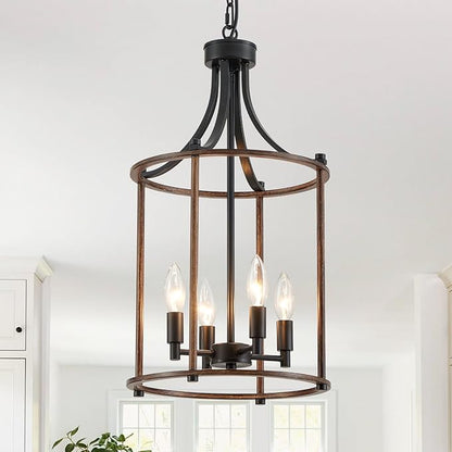 XINGQI Farmhouse Chandeliers for Dining Room,4 Light Hanging Lantern Black Wood Finish Pendant Lighting Fixture for Staircase Foyer Kitchen Island Dinning Room Living Room