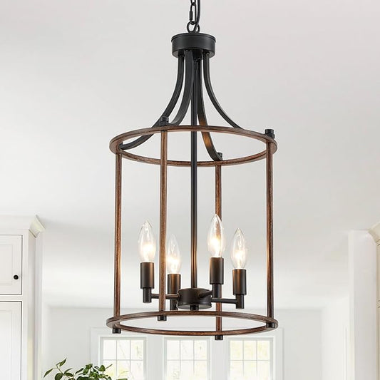 XINGQI Farmhouse Chandeliers for Dining Room,4 Light Hanging Lantern Black Wood Finish Pendant Lighting Fixture for Staircase Foyer Kitchen Island Dinning Room Living Room