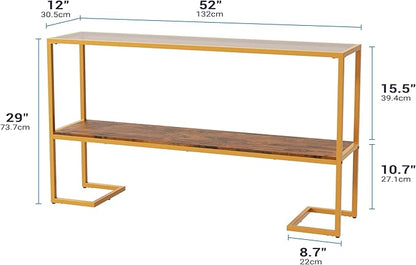 Furnify Console Sofa Table, 52" Modern Entryway Table, 2-Tier Open Shelf with Tempered Glass, Metal Frame Behind Couch Table with Gold Metal Frame for Living Room Hallway Entrance, Brown