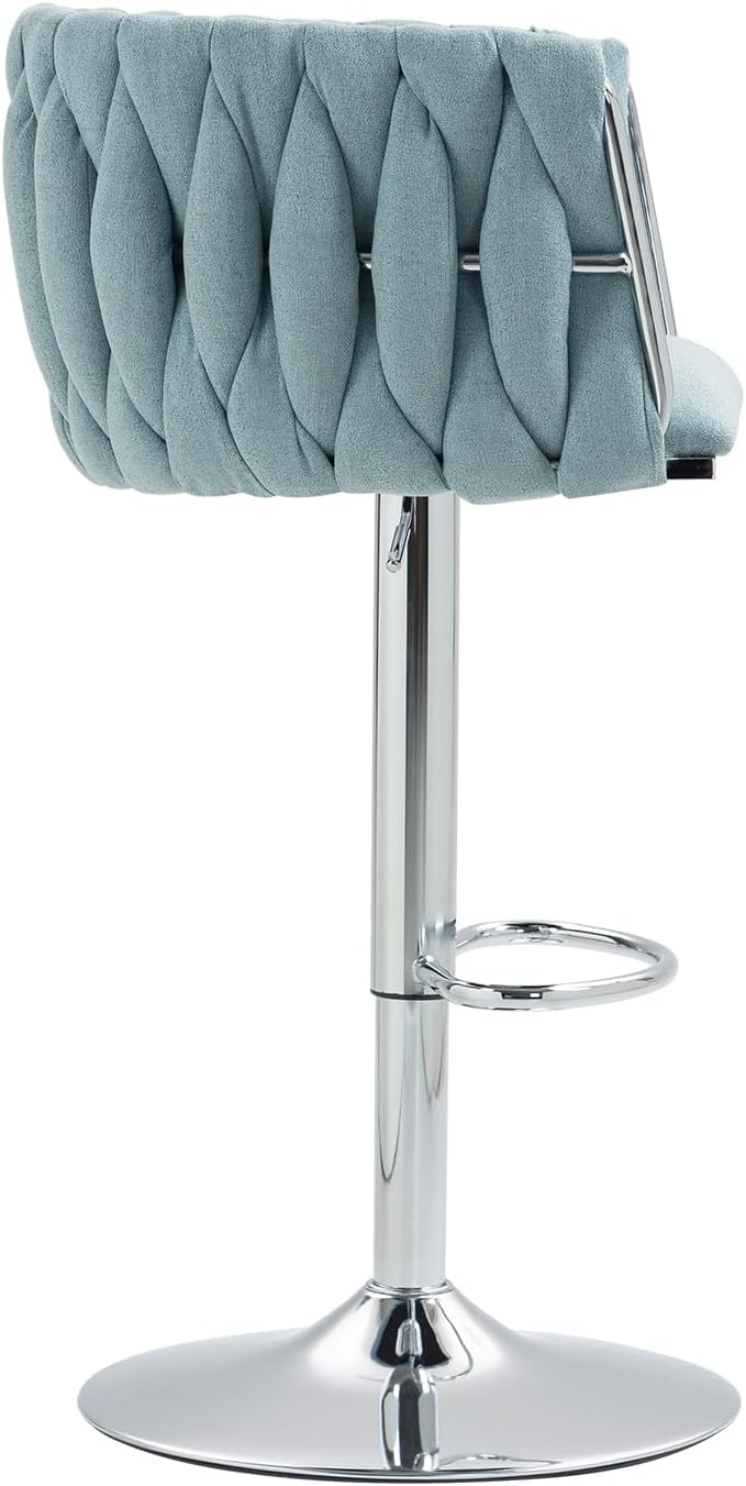 360° Fabric Cover Swivel Bar Stools Set of 2, Adjustable Counter Height Bar Chairs with Woven Back Footrest, Silver Chromed Bar Stools for Kitchen Island, Cafe, Pub (Blue)