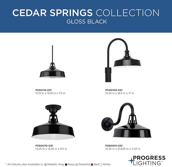 Progress Lighting Cedar Springs Collection 1-Light Farmhouse Outdoor Semi-Flush Mount Light Gloss Black, 9.50x13.25x13.25