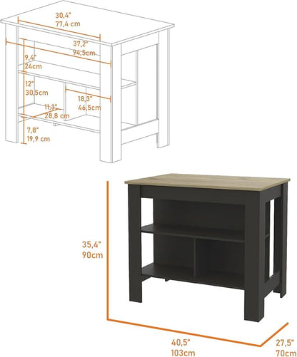 Kitchen Island Kitchen Table 35" H Four Legs with 3 Open Storage Shelves Wide Top for Meal Prep Spacious Leg Room Practical(Natural Black)