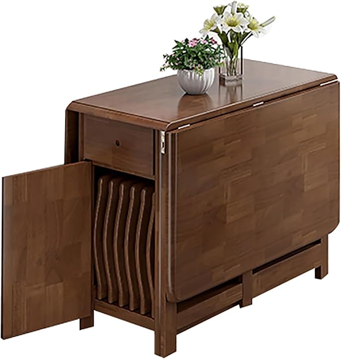 Solid Wood Folding Dining Table,Expandable Drop Leaf Island Kitchen Table with Drawers,Rectangular Dining Table Small Space Foldable Table with Wheels,No Chairs(51" W x 34.5" D x 29.5" H, Walnut)