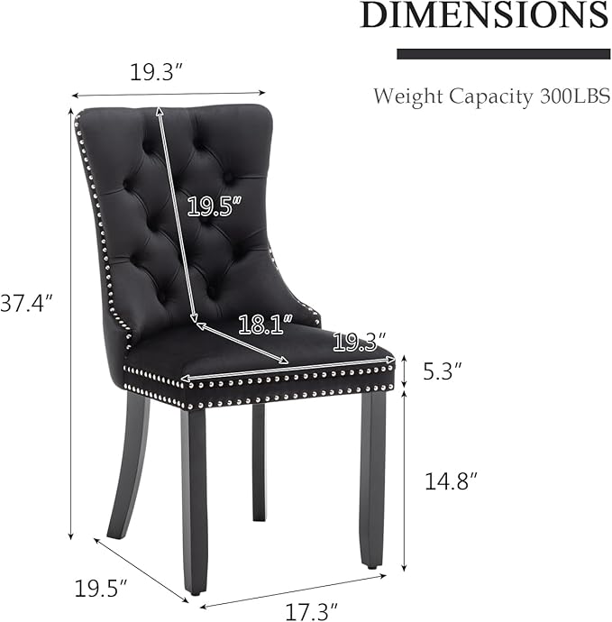 Eifizek Velvet Dining Chairs Set of 2, Tufted Dining Room Chairs with Nailhead Ring Pull Trim, Upholstered Dining Chairs with Solid Wood Legs for Kitchen Dining Room (Black)