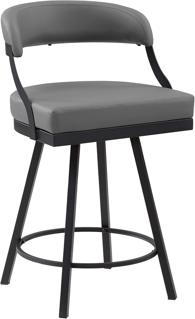 Lexicon Swivel Counter Height Stools Set of 2 - Counter Height Stools for Kitchen Island, Padded Seat, Open Back, Sturdy Black Metal Frame Finish and Grey Faux Leather Cushion Seat, Grey